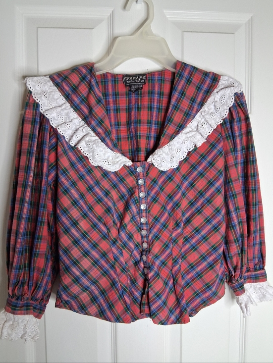 MONA LISA Tops - Monalisa Vintage Plaid Button Front Top with Lace Collar Size Small